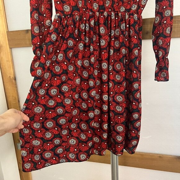 Modern Floral Geometric Pattern Tie Neck Lantern Sleeve Mini Dress Sz S No label - Picture 5 of 11